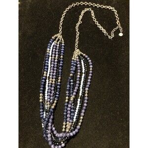 Talbots Blue Tones Glass Beaded Statement Necklace Multi Strand Silver Tone 34”
